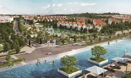 Phối cảnh Vinhomes Riverside nhìn từ bể bơi tràn bờ trên tầng mái TTTM Vincom Long Biên.