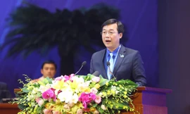 Anh Lê Quốc Phong, Bí thư thứ nhất T.Ư Đoàn, Chủ tịch T.Ư Hội LHTN Việt Nam phát biểu khai mạc phiên trọng thể Đại hội đại biểu toàn quốc Hội LHTN Việt Nam lần thứ VIII, nhiệm kỳ 2019 – 2024. Ảnh: Như Ý
