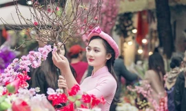 Nữ sinh Ngoại thương khoe sắc cùng hoa đào 