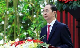 Chủ tịch nước Trần Đại Quang đọc diễn văn kỷ niệm 130 năm Ngày sinh Chủ tịch Tôn Đức Thắng, ngày 20/8. (Ảnh: Nhan Sáng/TTXVN)