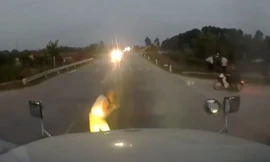 Sang đường bất chấp, cụ ông suýt nằm dưới gầm container.