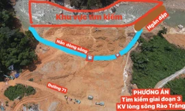 Sơ đồ, hình ảnh đánh dấu vị trí nắn dòng ngăn đập cắt nước đi vào lòng sông chính tại Rào Trăng để tìm kiếm người còn mất tích trong giai đoạn 3.