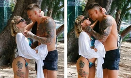 Cặp sao mê xăm trổ gây chú ý khi liên tục ôm hôn tình tứ trên bãi biển