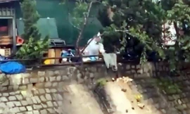 Người mặc áo mưa đổ rác xuống suối-ảnh cắt từ clip