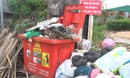 Rác đầy ứ bên trong và chất đống bên ngoài thùng