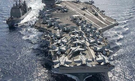 Tàu sân bay Ronald Reagan và tàu tuần dương Chancellorsville ở biển Đông. Ảnh: U.S. Navy.