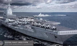 Phác thảo mô hình tàu sân bay mới đang được chế tạo tại xưởng đóng tàu của Trung Quốc cho thấy nó có quy mô tương đương tàu sân bay Mỹ. Ảnh: Weibo 