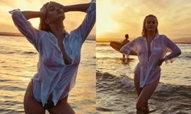 Không nội y, mẫu 9x mặc áo trắng mỏng tang thả dáng đầy gợi cảm ở biển