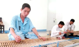 Bệnh nhân tâm thần dệt chiếu. Ảnh H. Văn