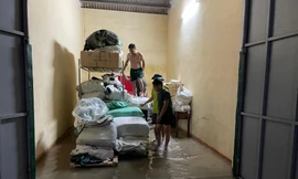 Người dân xã Bình Thuận, huyện Bình Sơn, tỉnh Quảng Ngãi thu dọn đồ đạc đến nơi cao ráo.