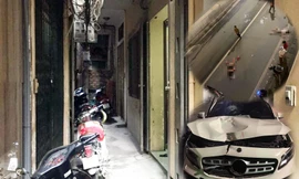 Khu nhà cô giáo Quỳnh (Ảnh N.T) và hiện trường, chiếc xe gây tai nạn.