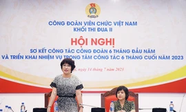 Chủ tịch Công đoàn cơ quan Trung ương Đoàn Lê Hồng Hạnh (Khối trưởng Khối thi đua II) và Phó Chủ tịch Công đoàn Ủy ban Trung ương Mặt trận Tổ quốc Việt Nam Vũ Thị Thu Hà (Khối phó Khối thi đua II) đồng chủ trì Hội nghị.