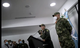 Các tư lệnh quân đội Colombia tổ chức họp báo ngày 9/7 để nói về việc lính đánh thuê tham gia vụ ám sát Tổng thống Haiti Jovenel Moise. (Ảnh: Reuters)