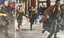 Ảnh nhỏ: Cảnh sát nhanh chóng triển khai. Ảnh lớn: Người dân hoảng loạn bỏ chạy.