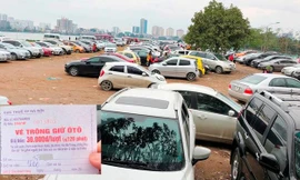 Với quy mô rộng trên 1 hécta và thường xếp kín xe thế này, từ sau Tết đến nay Cty Huy Khánh đã dùng vé không đúng chủng loại xe (ảnh nhỏ) để thu giá cao. Ảnh: T.Đảng.