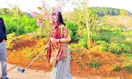 Hình ảnh bà Hiếu cầm bó hoa mai anh đào lan truyền trên mạng