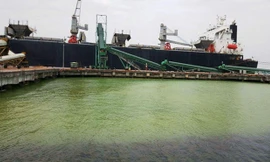 Nước tại vùng cầu cảng Chân Mây sáng 24/3 vẫn còn vàng đục.