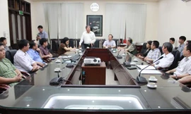 Sở KH&CN Hà Nội, Bảo tàng Thiên nhiên Việt Nam cùng các chuyên gia họp nhanh trước khi tiến hành mổ xác cụ rùa. Ảnh: Nguyễn Hoài