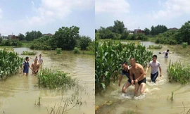 Tên tội phạm bị bắt sau màn rượt đuổi qua dòng nước lũ.