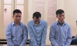 Bị cáo Dương Đức Giang (đứng giữa) cùng đồng phạm tại tòa.