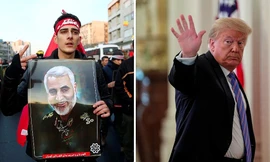 Tổng thống Mỹ Donald Trump (phải) và hình ảnh từ tang lễ Tướng Soleimani (trái). Ảnh: Reuters