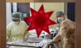 Ngôi sao trang trí Giáng sinh được dán trên cửa phòng chăm sóc đặc biệt (ICU) tại một bệnh viện ở Berlin (Đức) ngày 6/12. Ảnh: Reuters