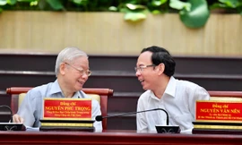 Hình ảnh Tổng Bí thư Nguyễn Phú Trọng làm việc với Thành ủy TPHCM