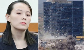 Bà Kim Yo-jong (trái) và cảnh Văn phòng Liên lạc chung bị phá huỷ (phải). 