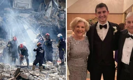 Hiện trường vụ sập chung cư (ảnh trái) và ông bà Notkin (ảnh phải).