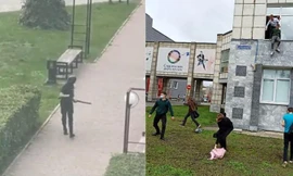 Nghi phạm vụ xả súng (ảnh trái). Các sinh viên hoảng loạn nhảy xuống từ cửa sổ (ảnh phải). 