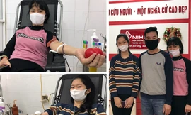 Gia đình chị Bình hiến máu tại Viện Huyết học và Truyền máu Trung ương ngày 7/4