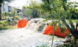 Trạm bơm chống xâm nhập mặn tại Tiền Giang đang hoạt động từ nguồn điện bổ sung. Ảnh: PCTG.