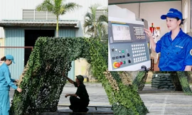 Nữ đoàn viên Nhà máy Z129 đang thao tác trên máy CNC (ảnh nhỏ) và sản phẩm lưới nguỵ trang của tuổi trẻ Nhà máy Z176. Ảnh: N.M.