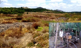 Suối Ea M’droh trơ đá (ảnh lớn); Người dân ồ ạt khoan giếng (ảnh nhỏ).