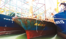 Tàu vỏ thép ở Bình Định bị hư hỏng. Ảnh: Hồng Vĩnh.