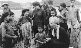 Chủ tịch Hồ Chí Minh thăm hỏi nông dân Hợp tác xã Hùng Sơn (huyện Đại Từ, tỉnh Thái Nguyên) đang gặt lúa, năm 1954. Ảnh: Tư liệu.