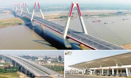 Cụm dự án Nhật Tân - Nội Bài mới khánh thành: Cầu Nhật Tân (ảnh trên), đường Võ Nguyên Giáp (trái), nhà ga T2 (phải). Ảnh: PV.