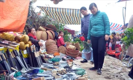 Người dân đi chợ Viềng, di tích lịch sử Phủ Dày mua nông cụ, cây cảnh cầu may​. Ảnh: Nguyễn Hoàn.