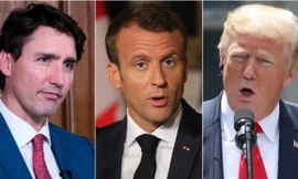 Tổng thống Mỹ Donald Trump (phải) tranh luận gay gắt với người đồng cấp Pháp (giữa), Canada (trái) tại G7. Ảnh: CNN.