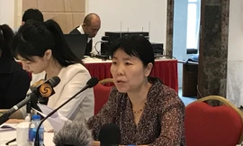 Đại biện lâm thời Trung Quốc Doãn Hải Hồng trong cuộc gặp báo chí sáng 13/4 ở Hà Nội. Ảnh: Thu Loan