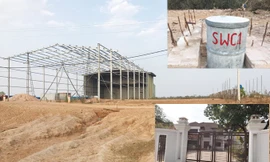 Đại công trường dang dở (ảnh lớn) Cổng trụ sở điều hành cửa đóng, then cài (ảnh nhỏ dưới) và các mũi khoan đã bít, lấp bằng bê tông (ảnh nhỏ trên).