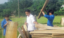 Nguyễn Mạnh Thường (thứ hai từ trái sang) tại cơ sở sản xuất ván bóc