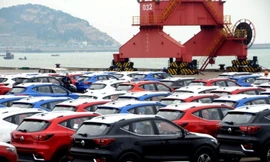 Các xe hơi thể thao đang chờ đợi nhập cảnh tại cảng Giang Tô, Trung Quốc từ tháng 8. Ảnh: Reuters