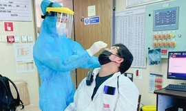 Lực lượng y tế lấy mẫu xét nghiệm cho các thuyền viên nhập cảnh trên tàu. 