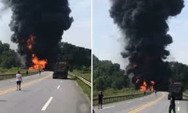 Hình ảnh vụ cháy xe bồn xảy ra chiều 5/9 tại km136 cao tốc Nội Bài - Lào Cai.