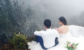Cặp đôi chịu lạnh chụp ảnh cưới trong băng giá ở đỉnh Ô Quí Hồ