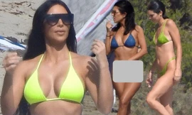 Chị em nhà Kim Kardashian rực rỡ xanh chuối ở biển Malibu