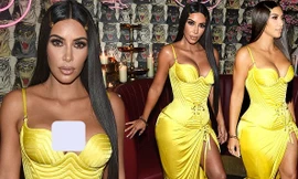 Kim ‘siêu vòng ba’ quyến rũ hút hồn với đầm vàng xẻ cao