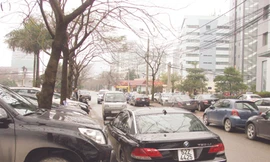 Xe ô tô xếp kín 2 bên vỉa hè và cả dưới lòng đường cửa tòa nhà Sannam - gần đường Nguyễn Phong Sắc kéo dài Ảnh: Minh Tuấn