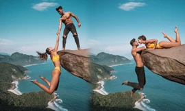 Đu người trên mỏm đá cao chụp ảnh mặc rủi ro, cặp blogger bị 'ném đá' dữ dội